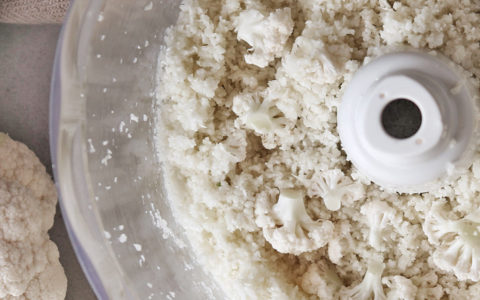 food processor filled with healthy cauliflower rice