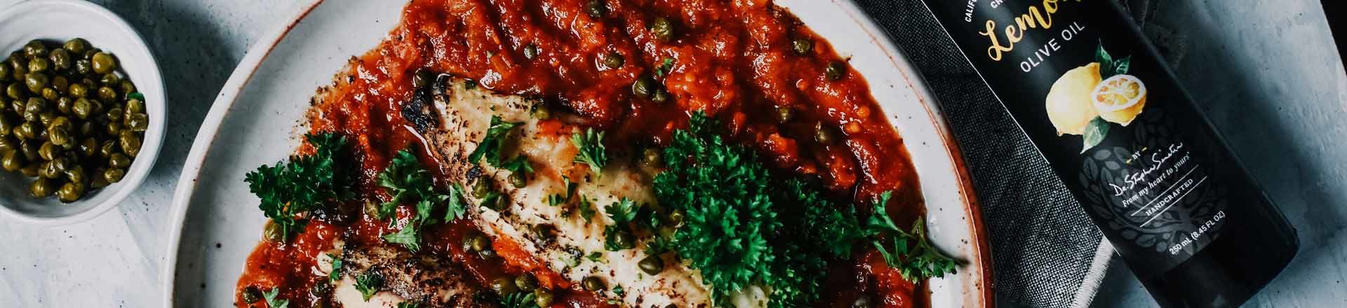 Dr. Sinatra's Mediterranean fish with organic marinara sauce and lemon flavored olive oil