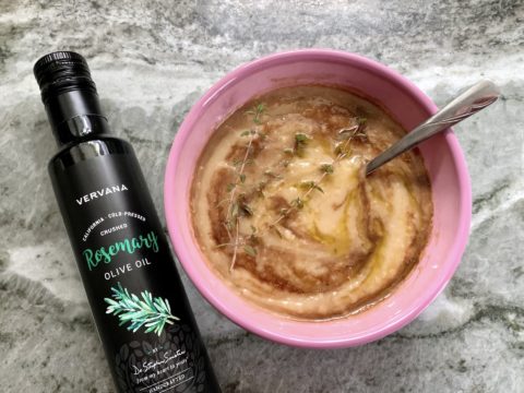 Dr. Sinatra's cannellini bean soup with rosemary flavored olive oil and organic balsamic vinegar