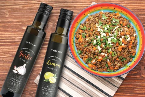 Vervana lemon and garlic flavored olive oils in lentil soup recipe