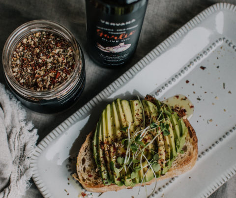 healthy breakfast recipe avocado toast with Italian seasoning blend and garlic flavored olive oil