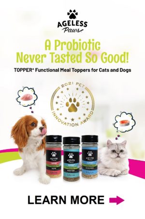 learn more about Ageless Paws TOPPER+ probiotic functional meal toppers for dogs and cats