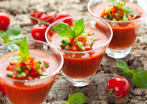 chilled fresh Mediterranean gazpacho in 3 serving glasses